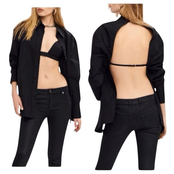 SER.O.YA Lydia Open Back Button Down Shirt Black Exaggerated Cuffs Built-In Bra - Picture 1 of 7